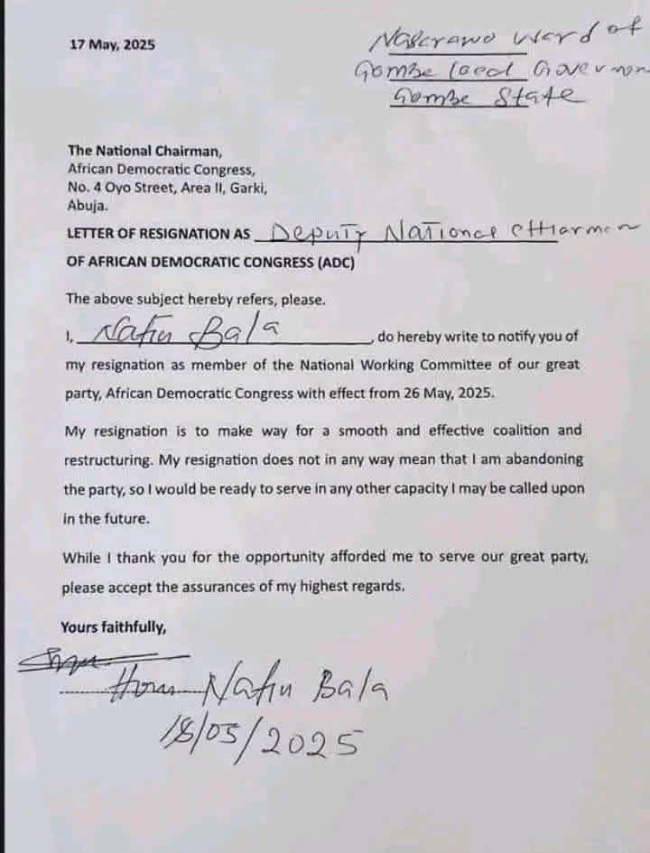 theoutlookng's tweet photo. This letter just surfaced and it suggests that Nafiu Bala actually resigned from his position as Deputy National Chairman of @officialADCNig_ or, is this a forgeed document? https://t.co/8QBaDlqHn3