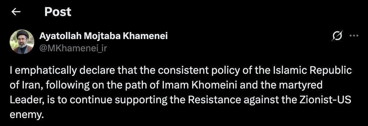 🔴 رهبر انقلاب سید مجتبی خامنه ای:

قاطعانه اعلام میکنم که سیاست منسجم جمهوری اسلامی ایران درپیروی ازراه امام خمینی ورهبری شهید، تداوم حمایت ازمقاومت دربرابر دشمن صهیونیستی-آمریکایی است.

 حجت تمام شد،دیگه کسی وزوز مذاکره نکنه، سالهاست دارید مذاکره میکنید شما اصلاحاتی ها دیگه بسه