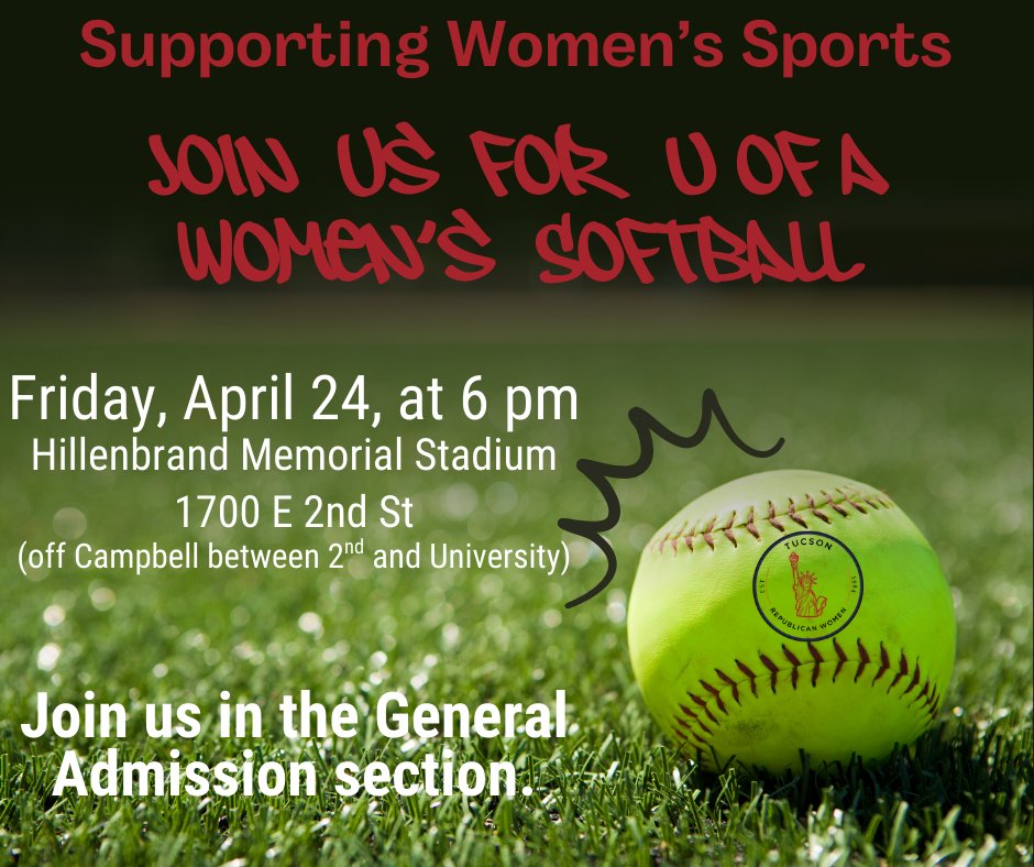 TucsonRepWomen's tweet photo. Pack the stands &amp; STAND UP for women in women’s sports! 🥎TRW softball game April 24: cheering female athletes for fairness. Women’s sports belong to women! Tickets: https://t.co/D5ZzW946Ui
More of us = stronger voice!🇺🇸 #WomenInSports #FairnessFirst #TRWStrong https://t.co/VMRtpODkB8
