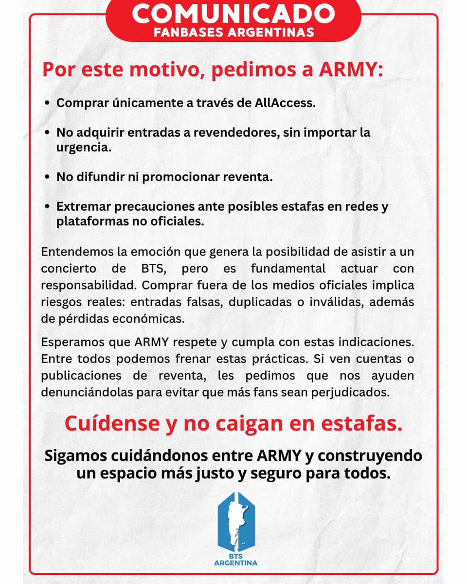 BTSfestaArgenta's tweet photo. 📢 COMUNICADO DE LAS FANBASES DE BTS EN ARGENTINA

Por favor leer y difundir ‼️

NO A LA REVENTA 
#NoALaReventa 
#ARMYArgentina #BTS https://t.co/CTw9oaPd1H