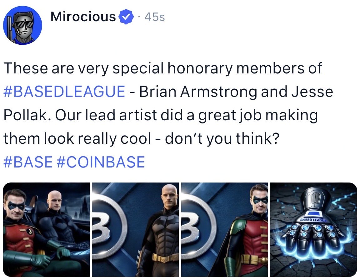 Mirocious's tweet image. 🟦 BASED LEAGUE just dropped on @coinmarketcap 🔥

Brian Armstrong &amp;amp; Jesse Pollak as honorary members looking way too cool in their capes 🦸‍♂️

Real ones, go smash the like on CMC if you’re BASED 🤜🤛

@brian_armstrong @jessepollak @based_league 

#Base #Coinbase #BASEDLEAGUE