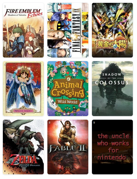 Amburu06's tweet photo. #My9Games #私を構成する9つのゲーム
https://t.co/i9Z81ryUxF

J'ai essayé de mettre un seul jeu par série donc j'ai pas mis FeA / FFXV / The Last Guardian mais j'y ai pensé très fort (aussi quand je met zelda tp je pense à tous les zeldas en vrai) https://t.co/Ehyz7shsDZ