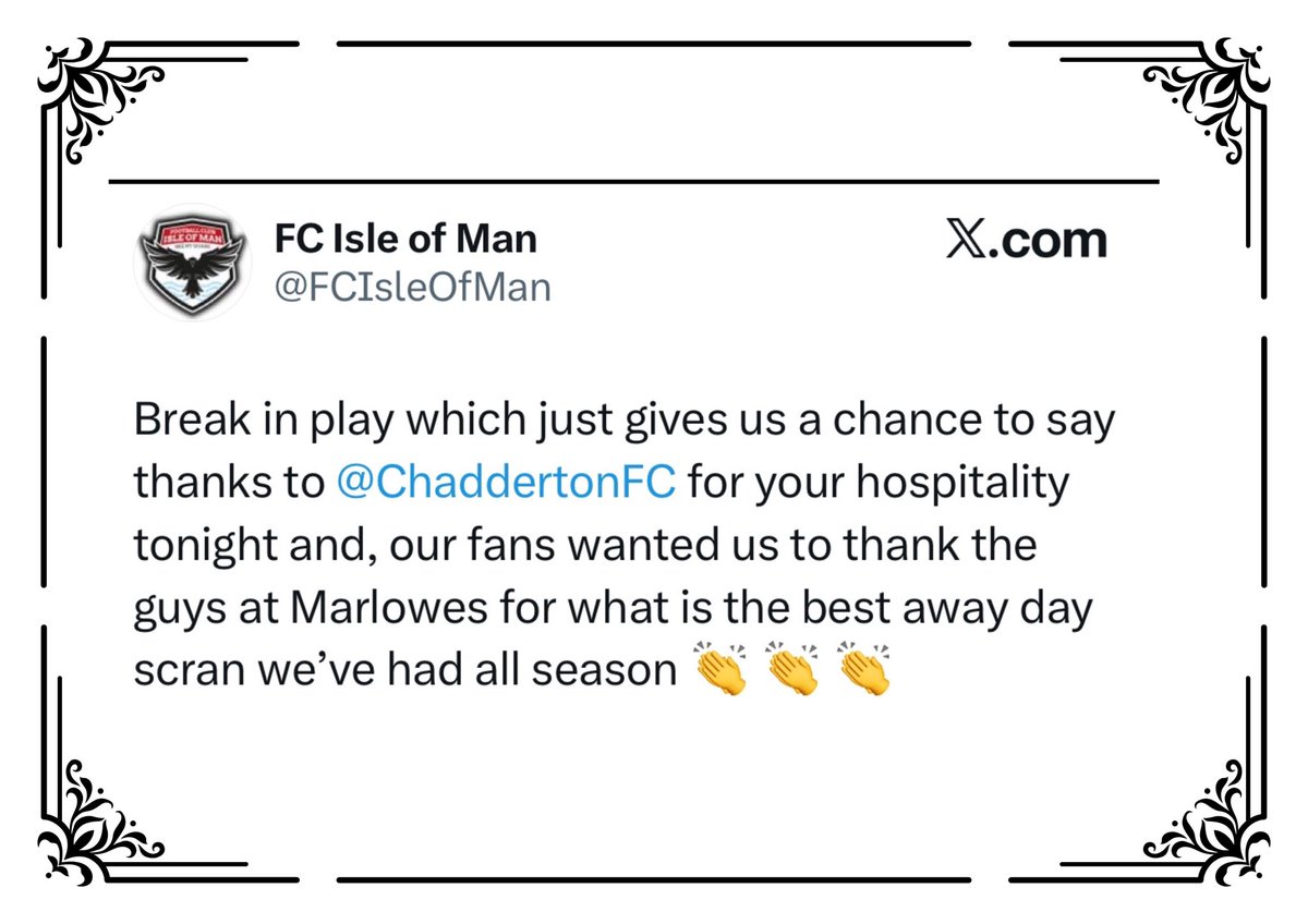 marlowes_chad's tweet photo. Thank you to @FCIsleOfMan for their glowing feedback, it was great to see you guys 🤝🍔 https://t.co/SQTbSwzqZi