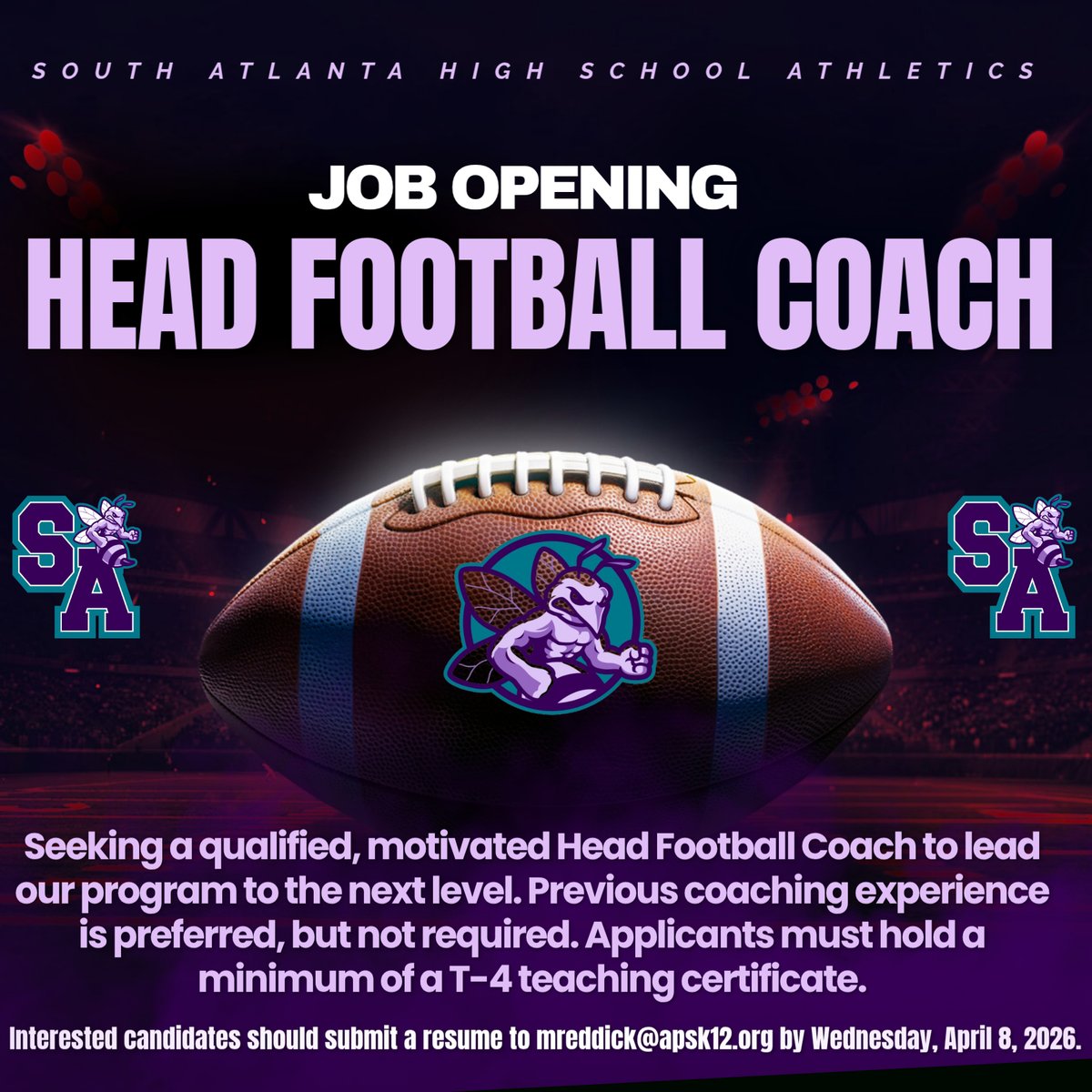SAtl_athletics's tweet image. South Atlanta High School Athletics is seeking a motivated Head Football Coach. Apply by April 8, 2026, with a resume to mreddick@apsk12.org. #JobOpening #FootballCoach #SouthAtlanta