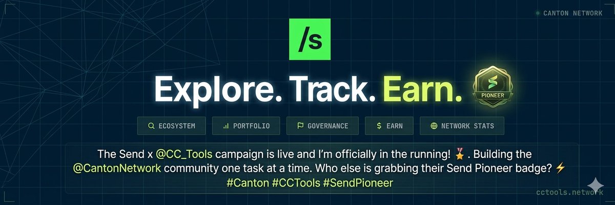 MarkN36518's tweet image. The @Send  x @cantontools  campaign is live and I’m officially in the running! 🎖️
​Building the @CantonNetwork community one task at a time. Who else is grabbing their Send Pioneer badge? ⚡️
​#Canton #CCTools #SendPioneer🫡🤜🤛