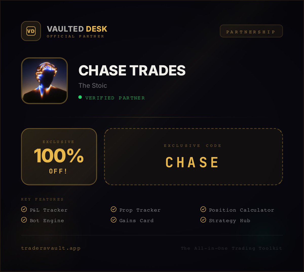 Official partner of <a href="/VaultedDesk/">VaultedDesk</a>.

The app is built for prop traders. Overlay on TradingView, prop tracker, position sizing, accountability journal. Everything in one place without leaving your chart.

Code CHASE in ➤ tradersvault.app