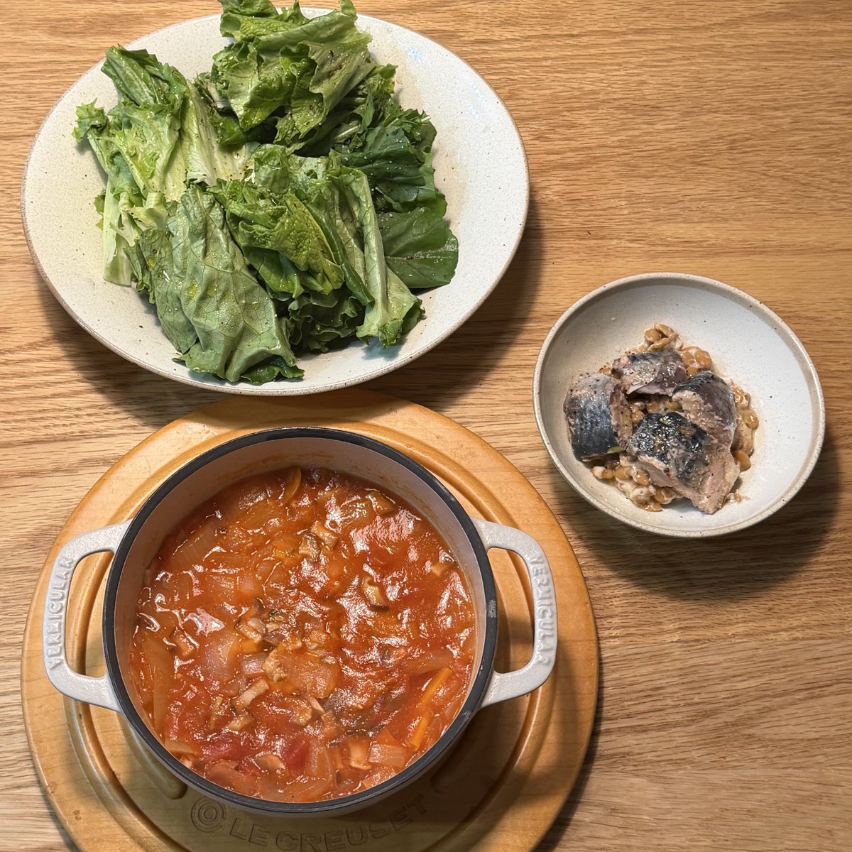 朝食(Gemini指導)

✅ミラネーゼ風スープ
(胸肉とサバ缶の汁入り)

✅サバ納豆(Gemini命名)

✅クレソン&amp;何かのサラダ🥗

水煮と納豆？スープに鯖汁？
と驚きましたが食べやすい😳

一応あすけんで栄養も見てますがかなりいい感じ☺️