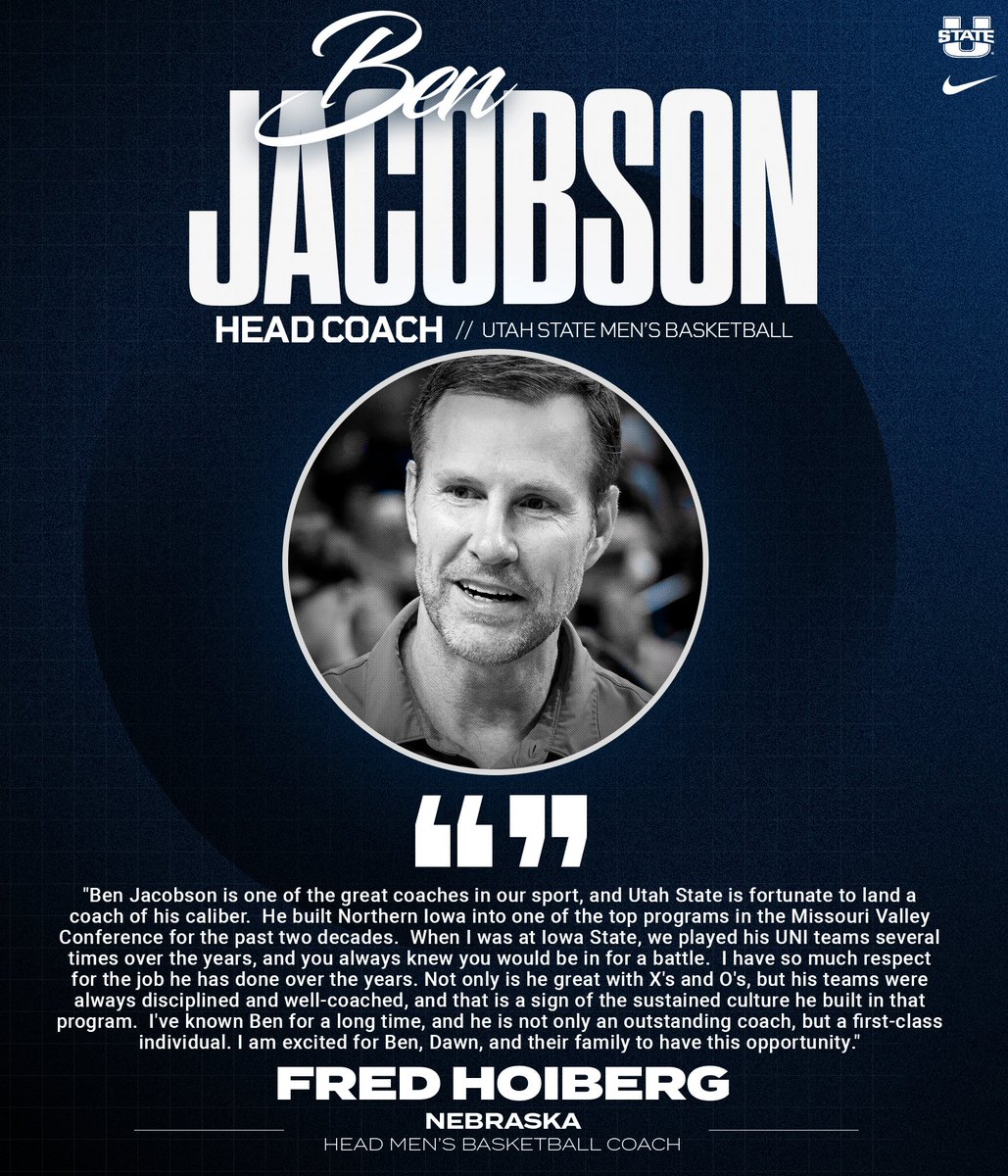 USUBasketball's tweet image. "Ben Jacobson is one of the great coaches in our sport, and Utah State is fortunate to land a coach of his caliber." @CoachHoiberg 

#ShowMe x #AggiesAllTheWay