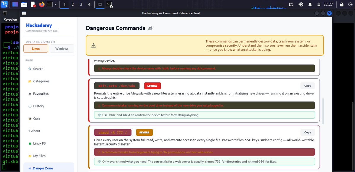 sudosheggs's tweet image. Leveling up my Linux &amp;amp; Windows commands with @hack_ademy 🚀
​The command Reference Tool makes mastering the CLI structured and practical: a total game-changer for cybersecurity. 
​Shoutout @officialwhyte22 &amp;amp; @hack_ademy for the wonderful tool
​#Hackademy #Linux #windows