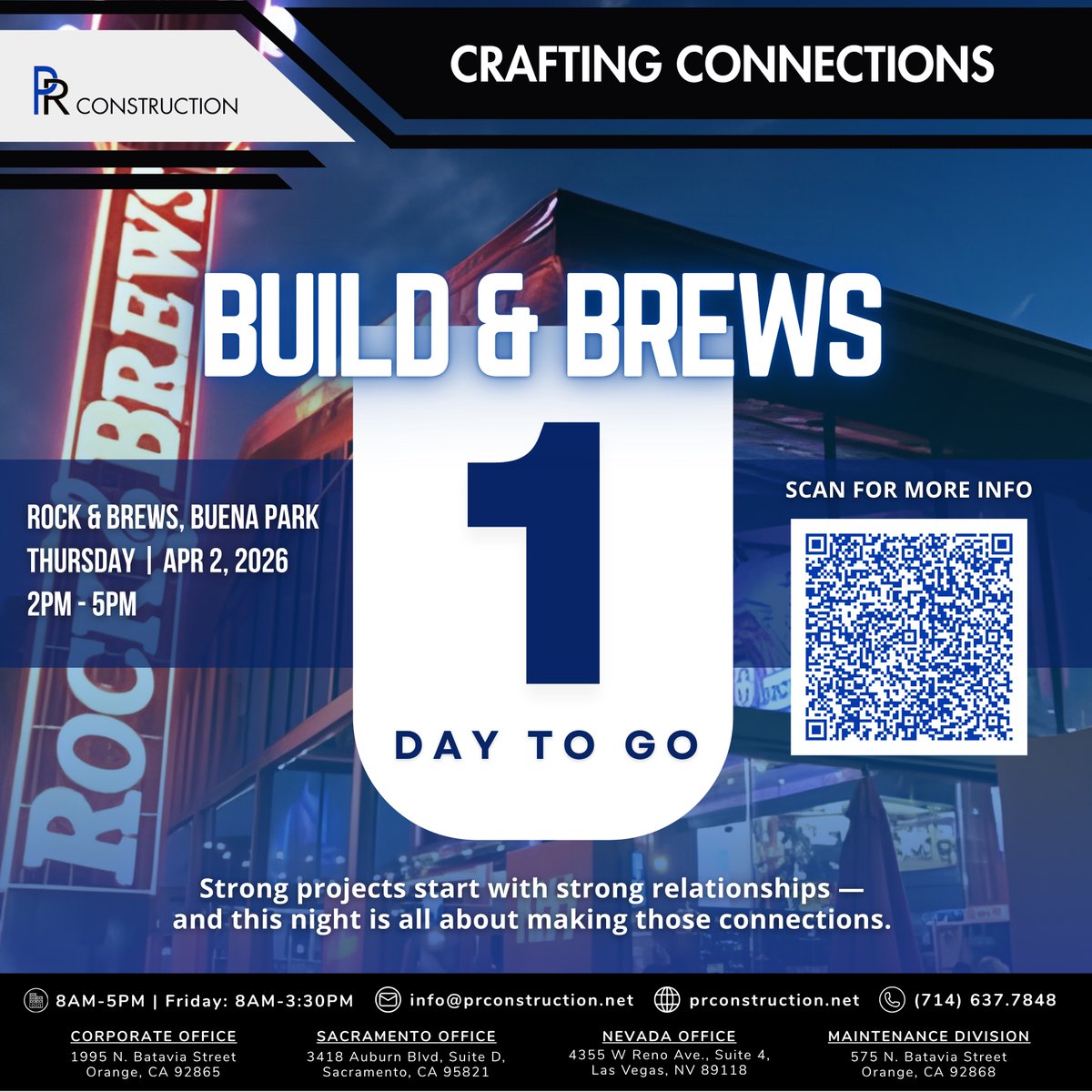 PRConstructionI's tweet photo. 1 day to go—Build &amp; Brews is here tomorrow. Join PR Construction to connect, collaborate, and build partnerships with our subcontractor network.

Scan the QR code for more details or click this link: https://t.co/bdSjzf3cjG https://t.co/vA9j0Ugp4J