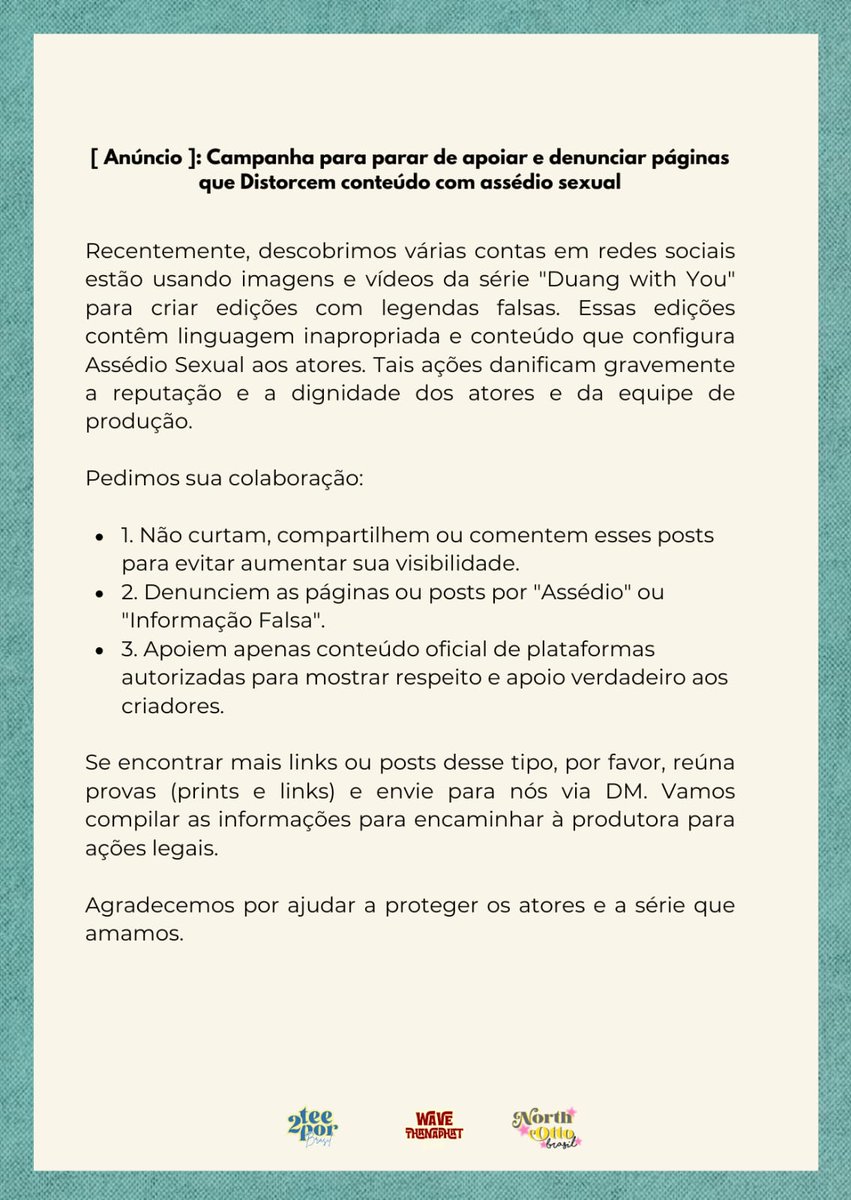 🚨 ATENÇÃO 🚨

Nós da equipe Wave Thanaphat Brasil, juntamente com a <a href="/TeeTeePorBrasil/">TeeTeePor Brasil | DWY</a> e a <a href="/NorthOttoBR/">NorthOtto Brasil 🇧🇷</a> tomamos conhecimento de uma situação muito séria envolvendo alguns "fãs" da série Duang With you.