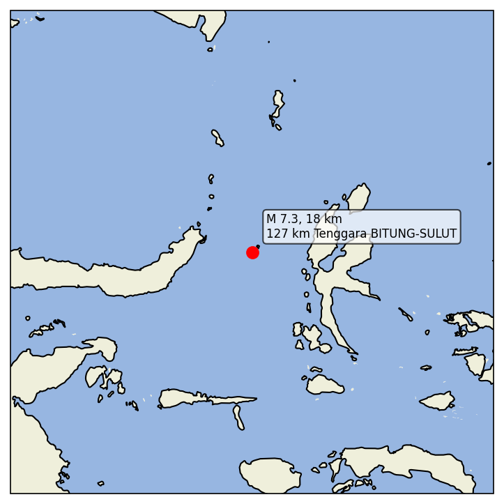 igempa's tweet photo. 02 Apr 2026 05:48:14 WIB
#Gempa M7.3, Kedalaman 18 km,
Pusat: 127 km Tenggara BITUNG-SULUT
Tidak berpotensi tsunami https://t.co/6Y9ngnZnCM