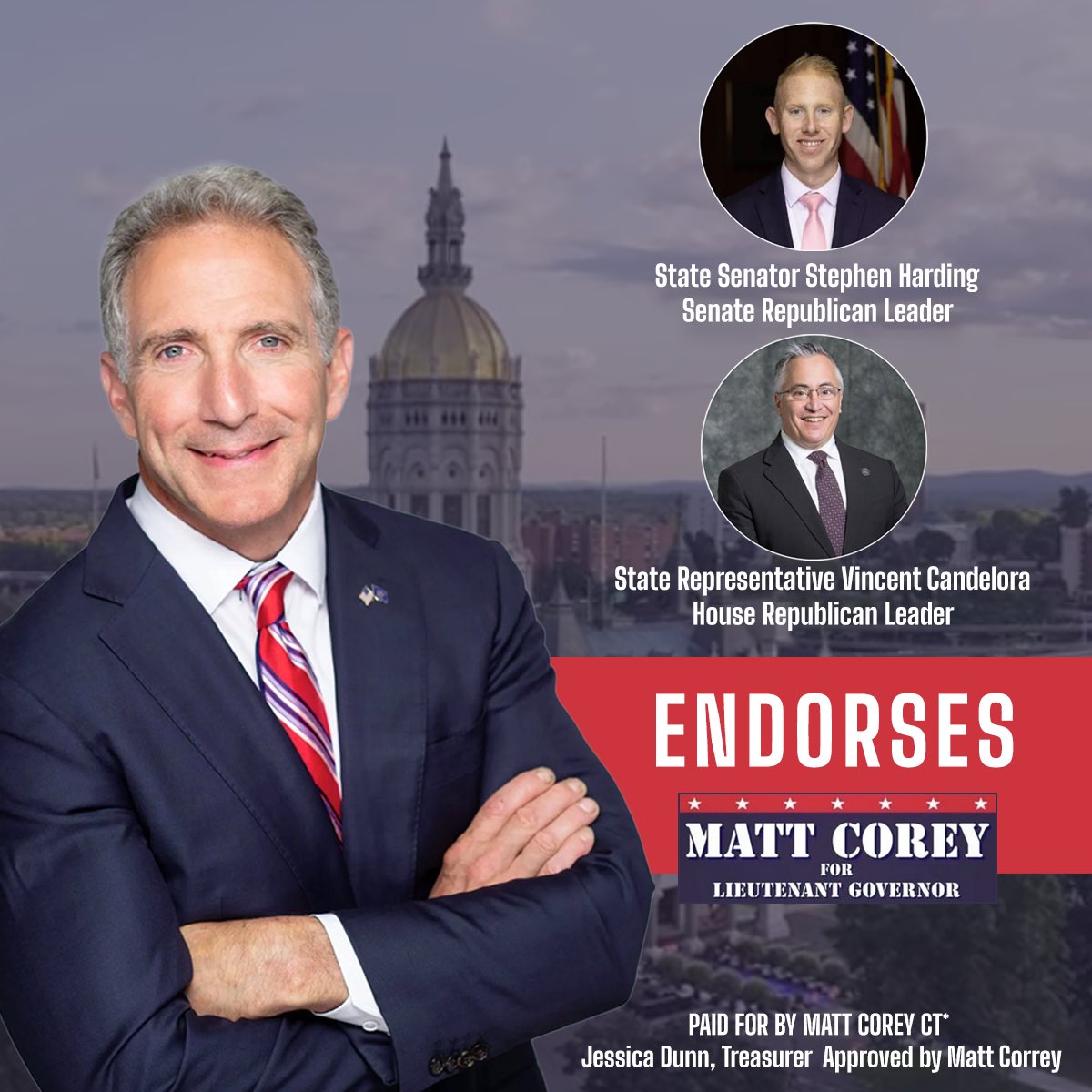 MattCoreyCT's tweet photo. I’m grateful for the endorsement and the confidence placed in me by Senate Minority Leader Stephen Harding and House Minority Leader Vin Candelora.  I look forward to standing alongside both of you to fight for a stronger, more affordable Connecticut.  

@CTGOP https://t.co/M4LvDncrr4