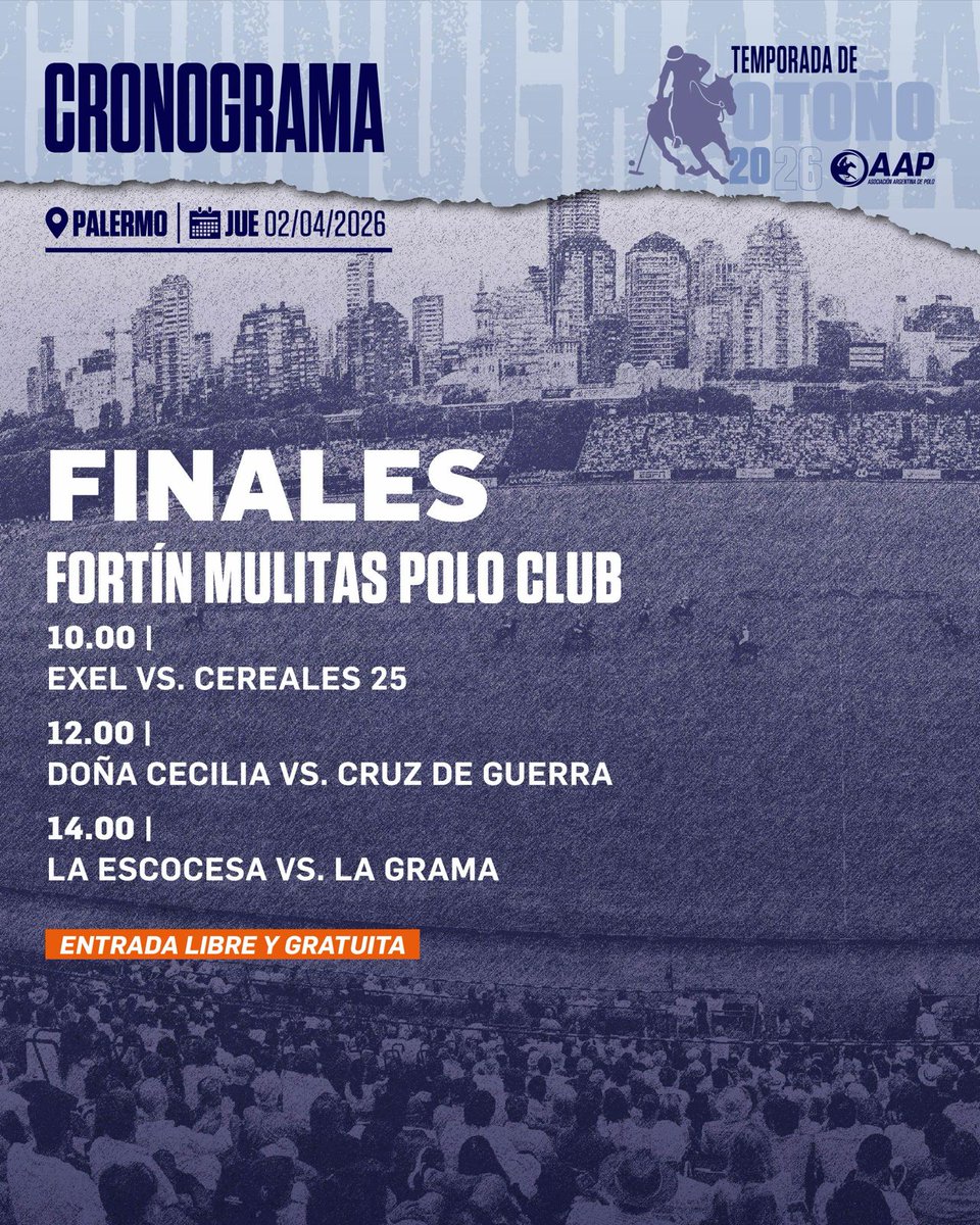 asocdepolo's tweet photo. ¡Más partidos en Pilar y Palermo!

En la Sede Alf. Lalor se disputarán el jueves 2/4 las finales por las Copas Beguerie-Láinez y las Semis de la Comienzo; mientras que en la Catedral de Polo se jugarán las finales del torneo del Fortín Mulitas PC.

¡Los esperamos, entrada libre! https://t.co/APejj4tqWV