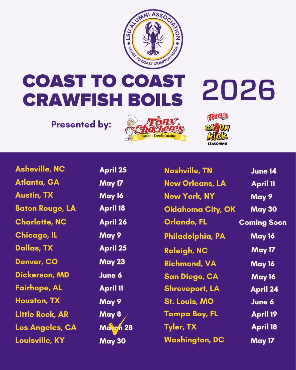AlumniLSU's tweet image. From the West Coast Tigers with love 💜💛
It's no joke...our LSU SoCal Tigers showed up and showed OUT this past weekend—
👉 Find a boil near you: hubs.la/Q049mnyD0

#LSUAlumni #GeauxTigers #CrawfishBoil #TigersHelpingTigers #CoasttoCoastCrawfish #LSUTigerNation