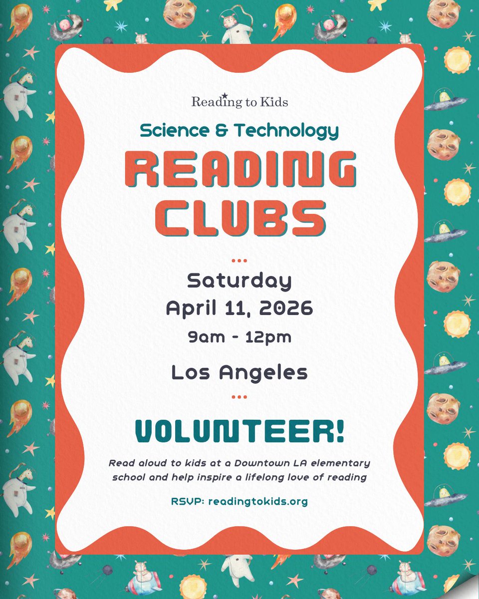 readingtokids's tweet photo. You know the drill! Volunteer to inspire a love of reading on Saturday, April 11th at an elementary school in Downtown Los Angeles ⭐📚🪐

Sign up at https://t.co/8TkATdTKL5 today!

#readingtokids #volunteeropportunity #losangeles #volunteer #literacy #science https://t.co/MNQL5El0Z4