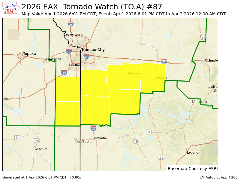 EAX issues Tornado Watch for Linn, Miami [KS] and Bates, Cass, Henry, Johnson, Pettis [MO] till Apr 2, 12:00 AM CDT mesonet.agron.iastate.edu/vtec/f/2026-O-…