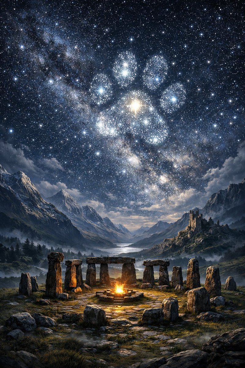 realDogenera's tweet image. Woof! Across the realm of ancient stone circle beneath stars, prophecy awakens again—Dogenera’s paws leave their mark across the heavens. 🐕✨🌌🔥 #Dogenera #Dogeneration #Doge #elonmusk #prophecy #LOTR #Tolkien