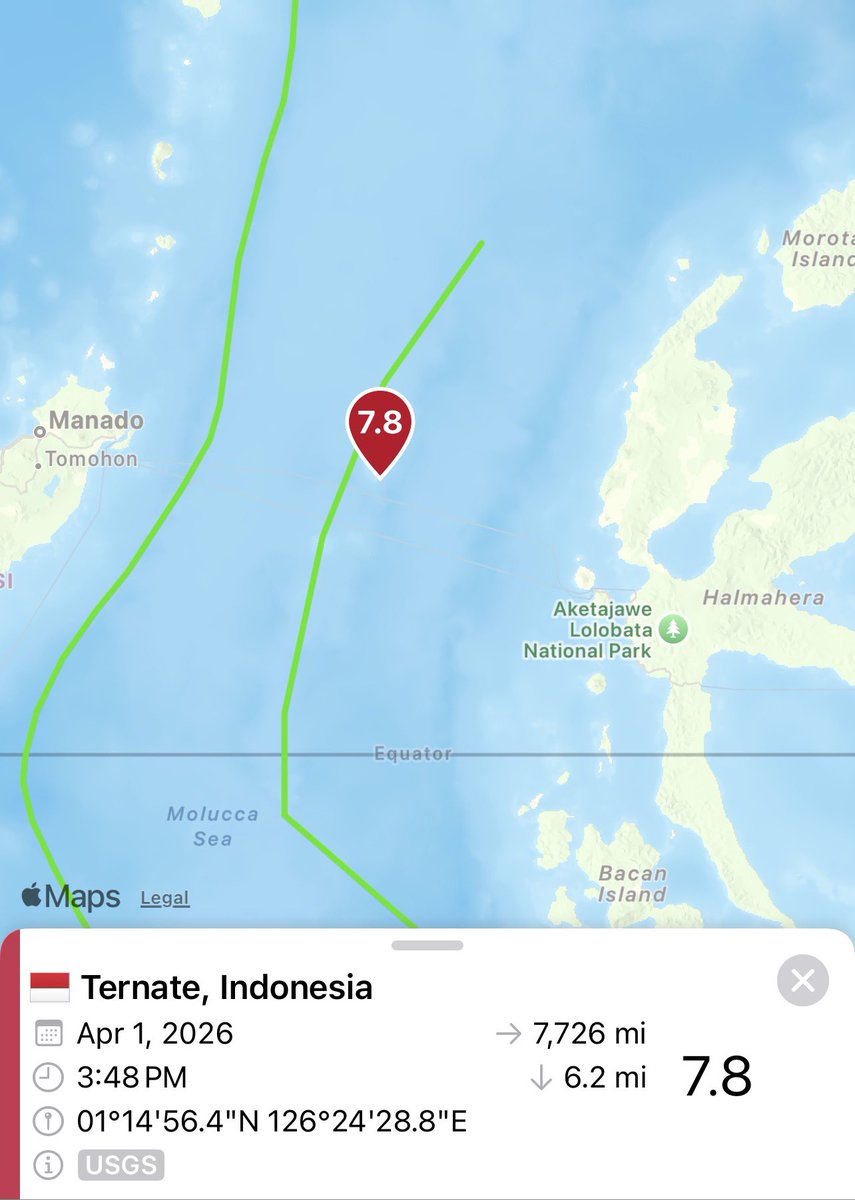 SarahLee_Hooper's tweet photo. Large M 7.8 earthquake near Ternate, Indonesia 🇮🇩
Depth: ~6 mi (10 km) shallow, stronger shaking

Tectonic setting: complex plate boundaries in the Molucca Sea region (double subduction zone)

Tsunami Threat - for updates check https://t.co/GTaXdk0ZQj

#earthquake #Indonesia #Ternate #tsunami #breaking