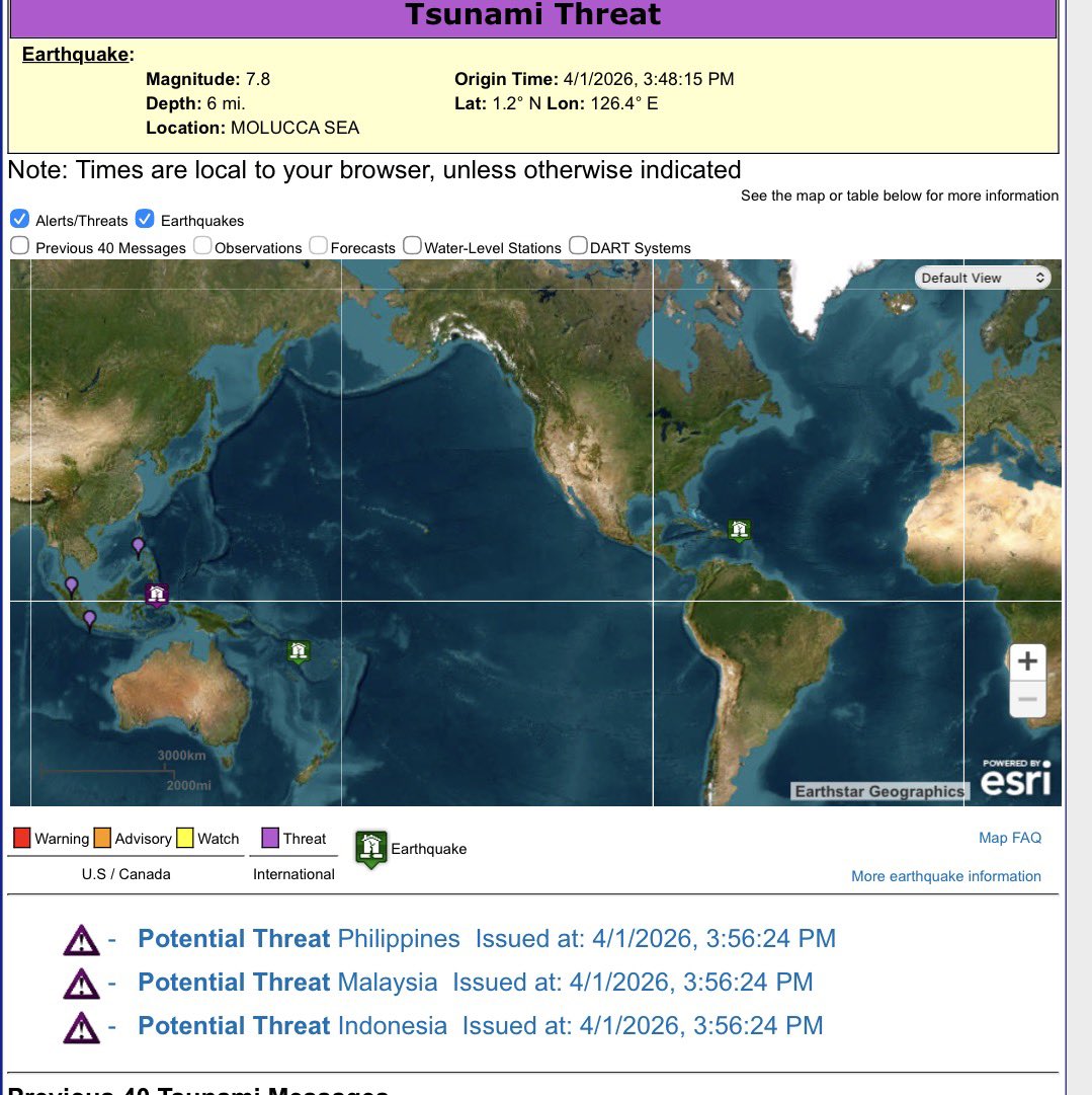 SarahLee_Hooper's tweet photo. Large M 7.8 earthquake near Ternate, Indonesia 🇮🇩
Depth: ~6 mi (10 km) shallow, stronger shaking

Tectonic setting: complex plate boundaries in the Molucca Sea region (double subduction zone)

Tsunami Threat - for updates check https://t.co/GTaXdk0ZQj

#earthquake #Indonesia #Ternate #tsunami #breaking
