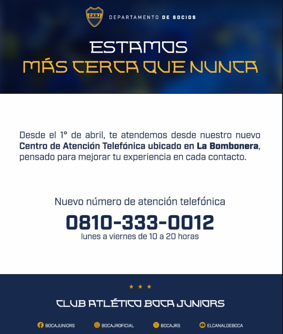 NUEVO CENTRO DE ATENCIÓN TELEFÓNICA AL SOCIO

📞 Desde hoy el nuevo número será 0810-333-0012.
🕜 El mismo atenderá de lunes a viernes de 10 a 20 Hs.
