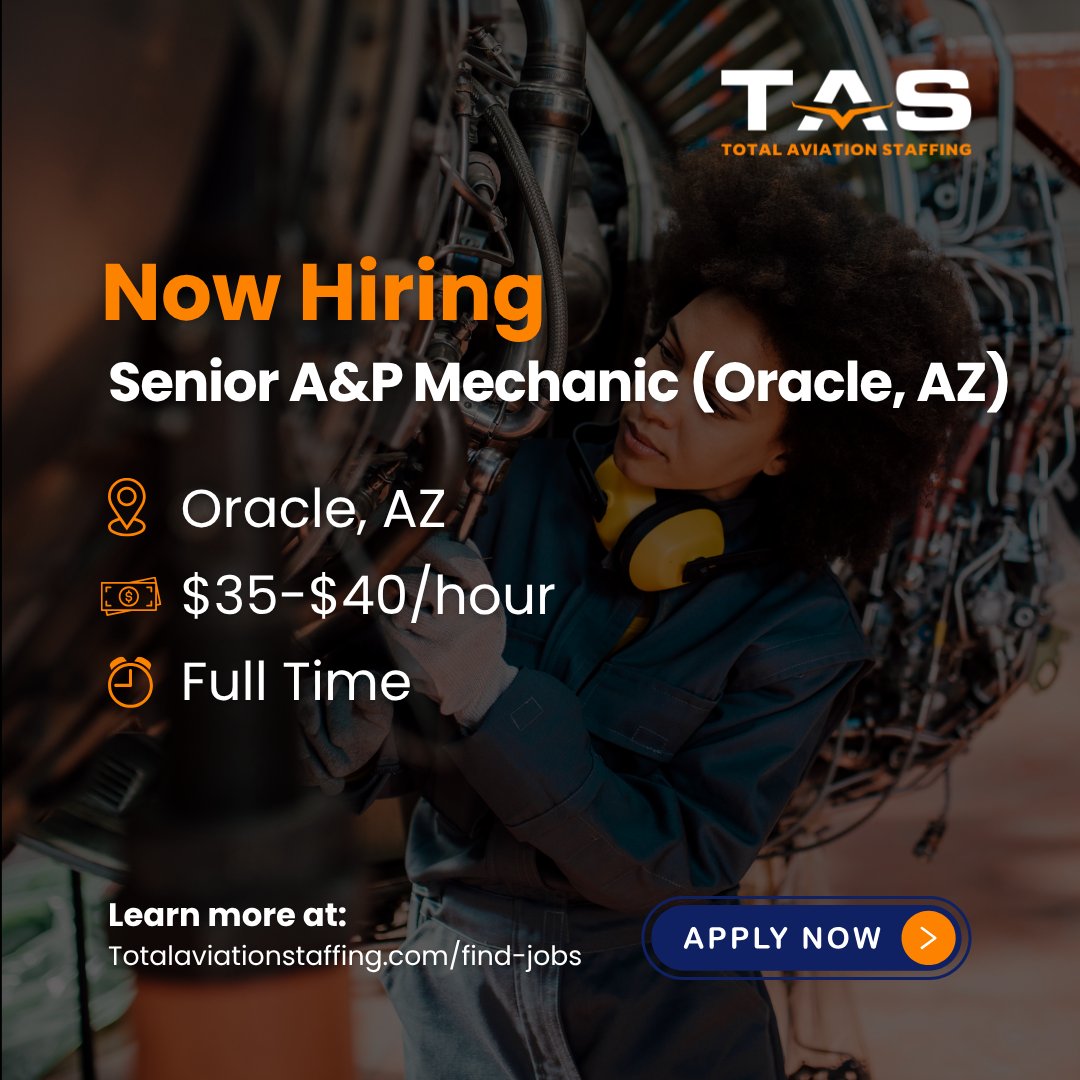 aviation_total's tweet photo. ✈️ JOB ALERT: Senior A&amp;P Mechanic in Oracle, AZ!

💰 $35 – $40 / hour
🛠️ Lead expert maintenance and technical operations
📍 Oracle, AZ

Apply now: https://t.co/XM0Mak2o0f

#AviationJobs #SeniorMechanic #Hiring #OracleAZ #AircraftMaintenance https://t.co/l7lFg2Ut9J