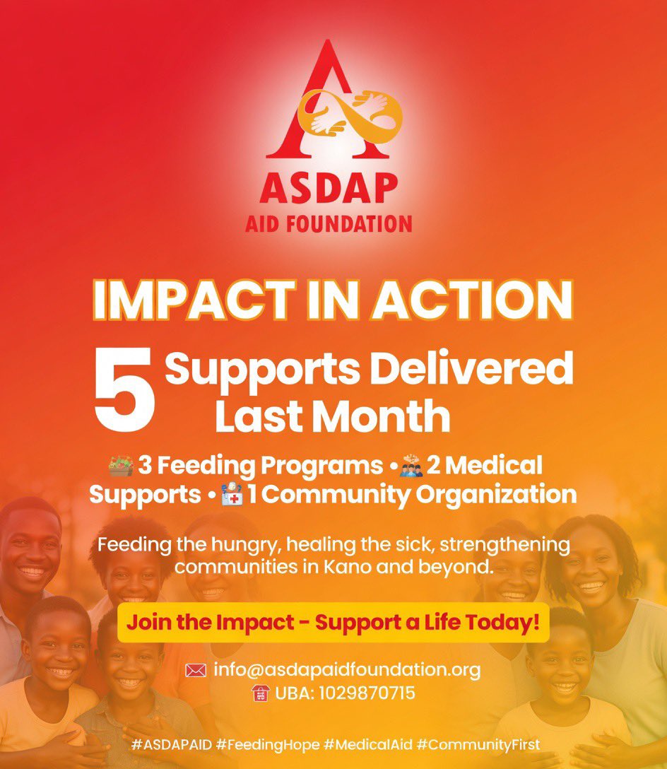 asdap4u2c's tweet photo. In just ONE month, ASDAP Aid Foundation (@ASDAP_AidFdn) delivered:

✅ 5 support initiatives
🍲 3 feeding programs
🏥 2 medical supports
🤝 1 community organization empowered

Real impact. Real lives touched.

Support or partner with us:
📩 info@asdapaidfoundation.org
🏦 1029870715 (UBA)

#ASDAP #Impact #NGO #GivingBack