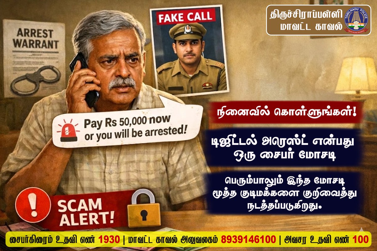 TrichyPolice's tweet image. டிஜிட்டல் அரெஸ்ட் என்பது ஒரு சைபர் மோசடி ஆகும்.

பெரும்பாலும் டிஜிட்டல் அரெஸ்ட் மோசடிகள் மூத்த குடிமக்களை (senior citizen) குறிவைத்து நடத்தப்படுகிறது.
#Beware #DigitalArrest #ScamAlert #CyberFraud #aawareness #Helpline1930 #TrichyDistrictPolice