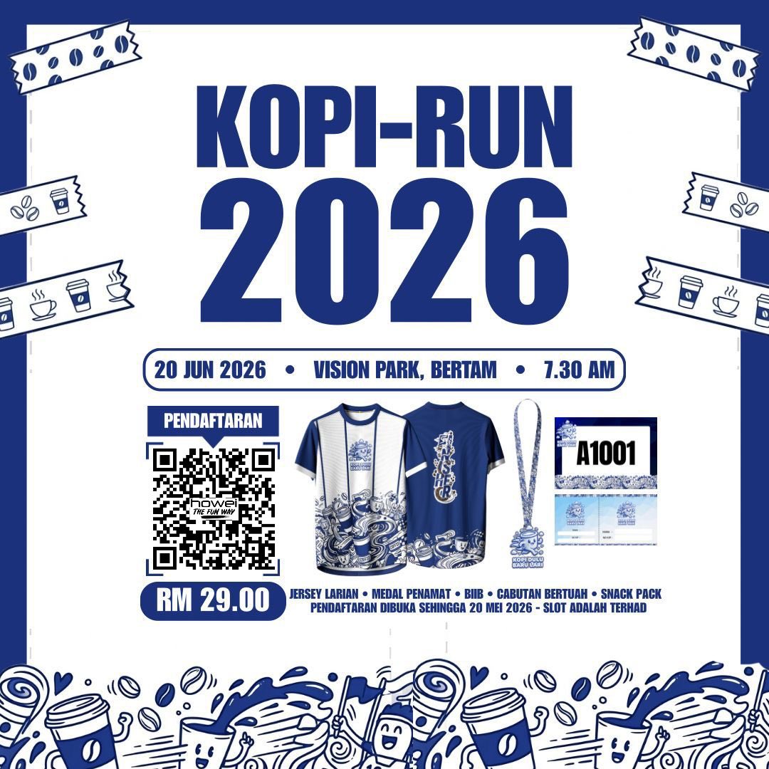arestahir's tweet photo. Jom sertai event larian terkini — Kopi Run 2026!

Tarikh: 20 Jun 2026 (Sabtu)
Masa: 7.30 pagi
Lokasi: Vision Park, Bertam, Pulau Pinang
Jarak: 5KM Fun Run
Yuran: RM29
Penganjur : MSZ Tech Empire

Tarikh tutup pendaftaran: 20 Mei 2026.

Pendaftran Disini : https://t.co/JNhVgWyElk https://t.co/KtKt84fnQ1