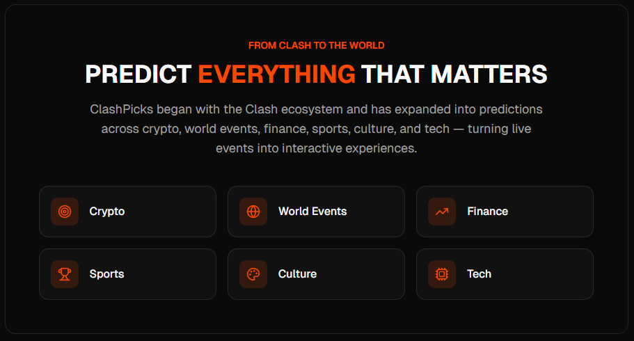 Predict more than just crypto! 🪙

ClashPicks covers:
🌎 World events
💵 Finance
⚽️ Sports
🎨 Culture
🤖 Tech

And if you’ve got an idea… you can help create the next market. 💯

Join the community 👇
 discord.com/invite/georgep…