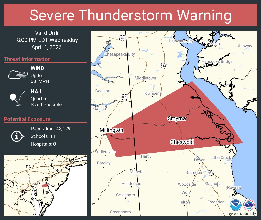 Severe Thunderstorm Warning including Smyrna DE, Clayton DE and  Cheswold DE until 8:00 PM EDT
