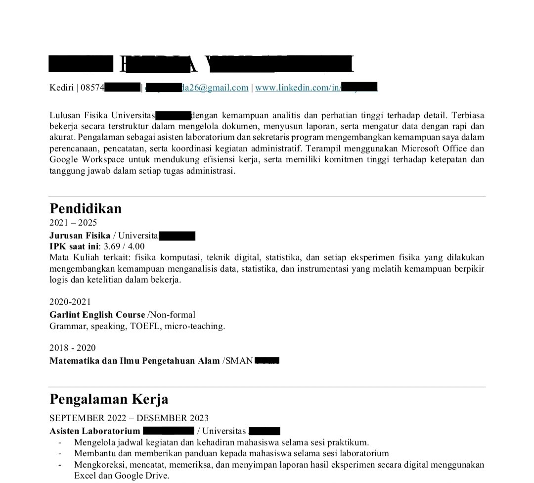 Pagi semuaaa yg need joki cv ats bisa banget ke aku yaa, bisa pake b.indo atau inggris dan bebas req untuk keperluan apa (beasiswa, masuk kuliah, kerja). ONLY 25K YAHH
#zonauangㅤ #jokicv