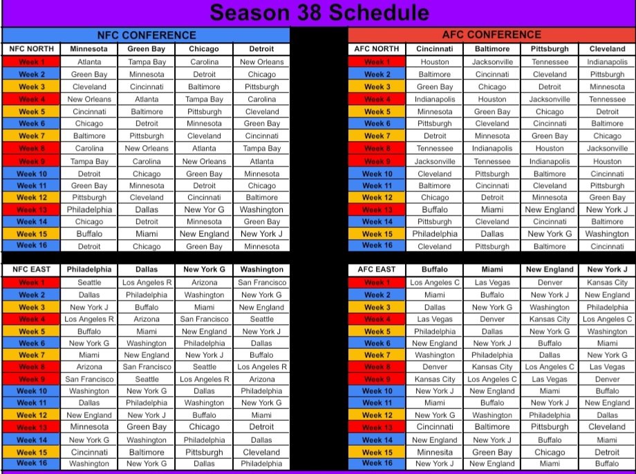 New Schedule for season 38 just dropped! Games 1-6 are due Saturday at midnight! Good luck!