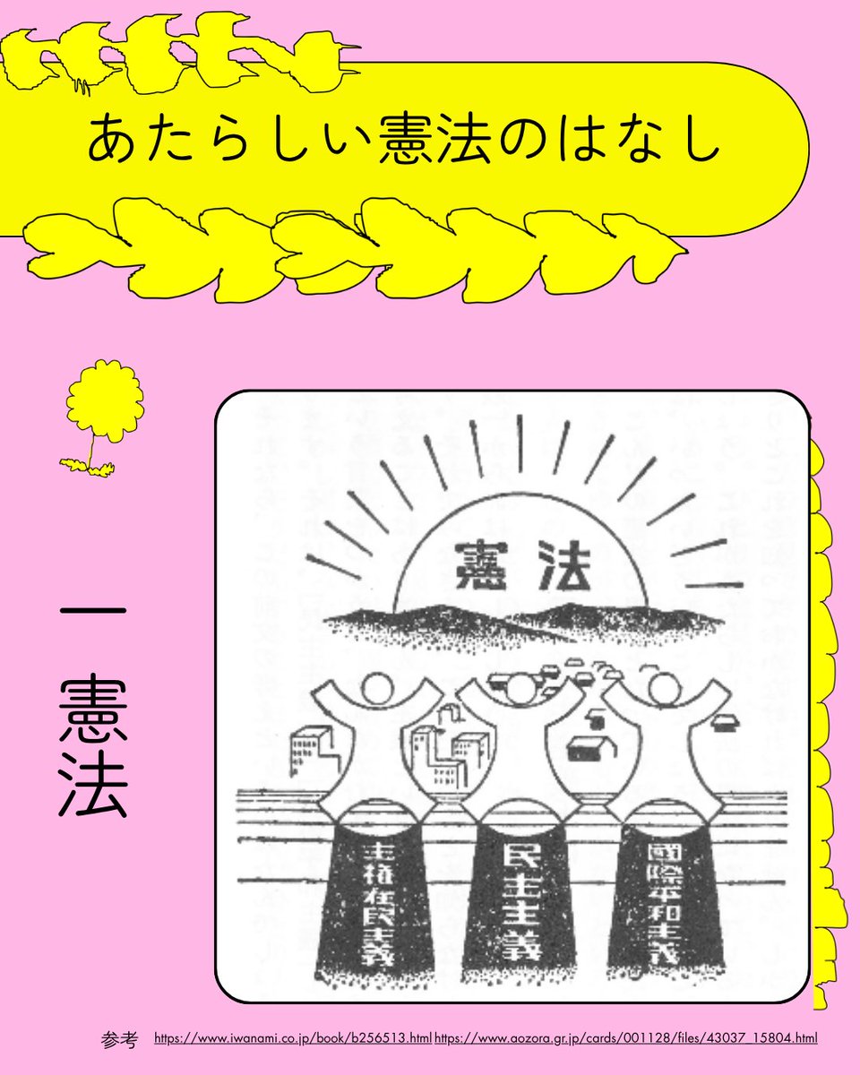wakakenehime's tweet photo. 大人数で何かするとき、どうやって決める？誰か一人が天才で、他のみんなが間違っていることもあるかもしれない。1948年から、中学1年生に配られた教科書
『あたらしい憲法のはなし』の中から一章目「憲法」の抜粋を紹介します。学校でなんか見たことあるかも。まずは１の憲法から https://t.co/xR0vRj44Cw