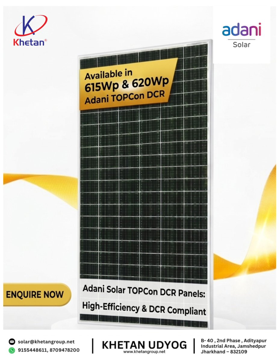 prakritiSolar's tweet photo. 🔆 Adani TOPCon DCR Solar Panels Available Now!

615Wp &amp; 620Wp High-Efficiency Modules
✅ Reliable Performance
✅ DCR Compliant
✅ Ideal for Residential &amp; Commercial Projects

📍 Khetan Udyog, Adityapur – Jamshedpur

#AdaniSolar #TOPConPanels #DCRSolar #SolarModules #SolarEnergy https://t.co/EV4MfeKOkh
