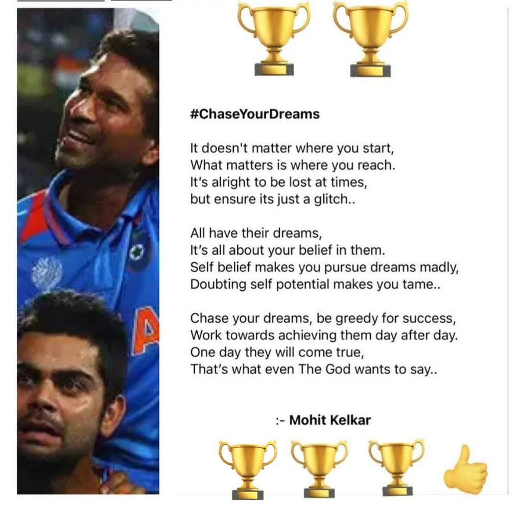 #ChaseYourDreams mantra which was engraved in every Indian’s heart 15 years ago thanks to the #GodOfCricket <a href="/sachin_rt/">Sachin Tendulkar</a> ! 15 years of dream fulfilment ❤️ #CricketWorldCup2011 <a href="/BCCI/">BCCI</a> <a href="/YUVSTRONG12/">Yuvraj Singh</a> <a href="/bhogleharsha/">Harsha Bhogle</a> <a href="/sunandanlele/">Sunandan Lele</a> <a href="/pakwakankar/">PRAKASH WAKANKAR</a> <a href="/imVkohli/">Virat Kohli</a> <a href="/msdhoni/">Mahendra Singh Dhoni</a> <a href="/GautamGambhir/">Gautam Gambhir</a> <a href="/ImZaheer/">zaheer khan</a>
