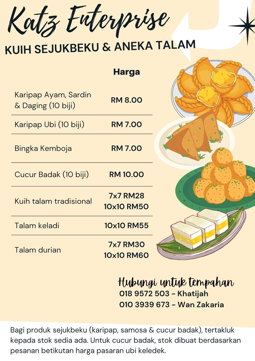 afifizawawie's tweet photo. Untuk tempahan, Katz Enterprise akan mula beroperasi mulai 6 April 2026. Sedia menerima tempahan anda. 😃

📍:  Kawasan Pulau Pinang sahaja.

#MumsBusiness #KuihMuih https://t.co/UVmCigRsEb