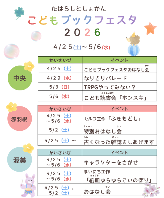 tahara_lib's tweet photo. 【こどもブックフェスタ２０２６を開催します】
４月２５日（土）から５月６日（水）まで、田原市図書館３館で「こどもブックフェスタ２０２６」を開催します。おはなし会やセルフ工作など、イベント盛りだくさんです。みなさん是非遊びに来てください☺️
詳細はこちらから↓
https://t.co/fGCcTJVz0Q https://t.co/lwcvADdSjV