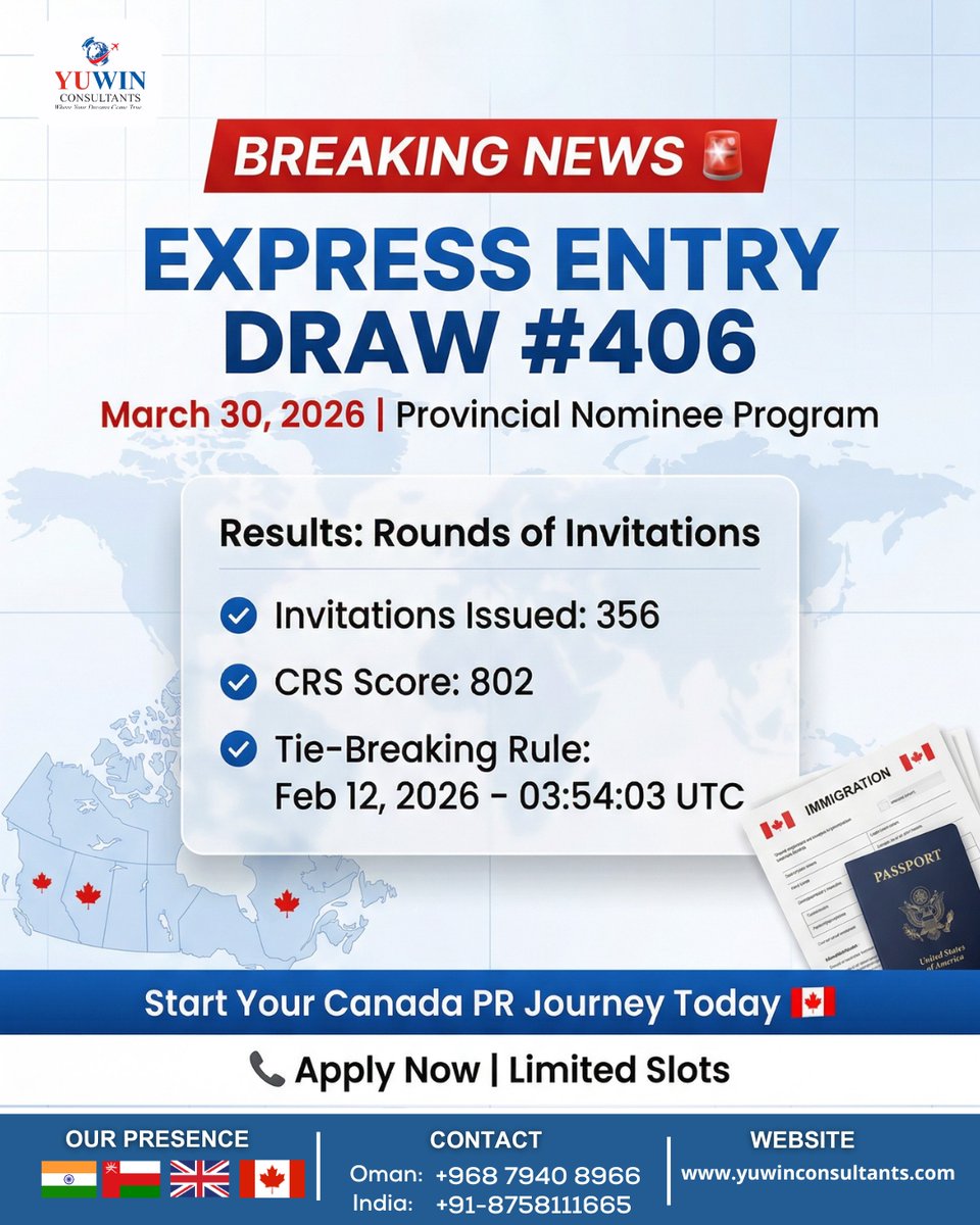 YuwinConsultant's tweet photo. 🚨 𝗕𝗥𝗘𝗔𝗞𝗜𝗡𝗚 𝗨𝗣𝗗𝗔𝗧𝗘: 𝗘𝘅𝗽𝗿𝗲𝘀𝘀 𝗘𝗻𝘁𝗿𝘆 𝗗𝗿𝗮𝘄 #406 🇨🇦

Canada has conducted its latest Express Entry draw under the Provincial Nominee Program 📊

This is your sign to take the next step toward your Canada PR dream ✈️
👉 Don’t wait—apply now 
#ExpressEntry https://t.co/WWKrvMONcU