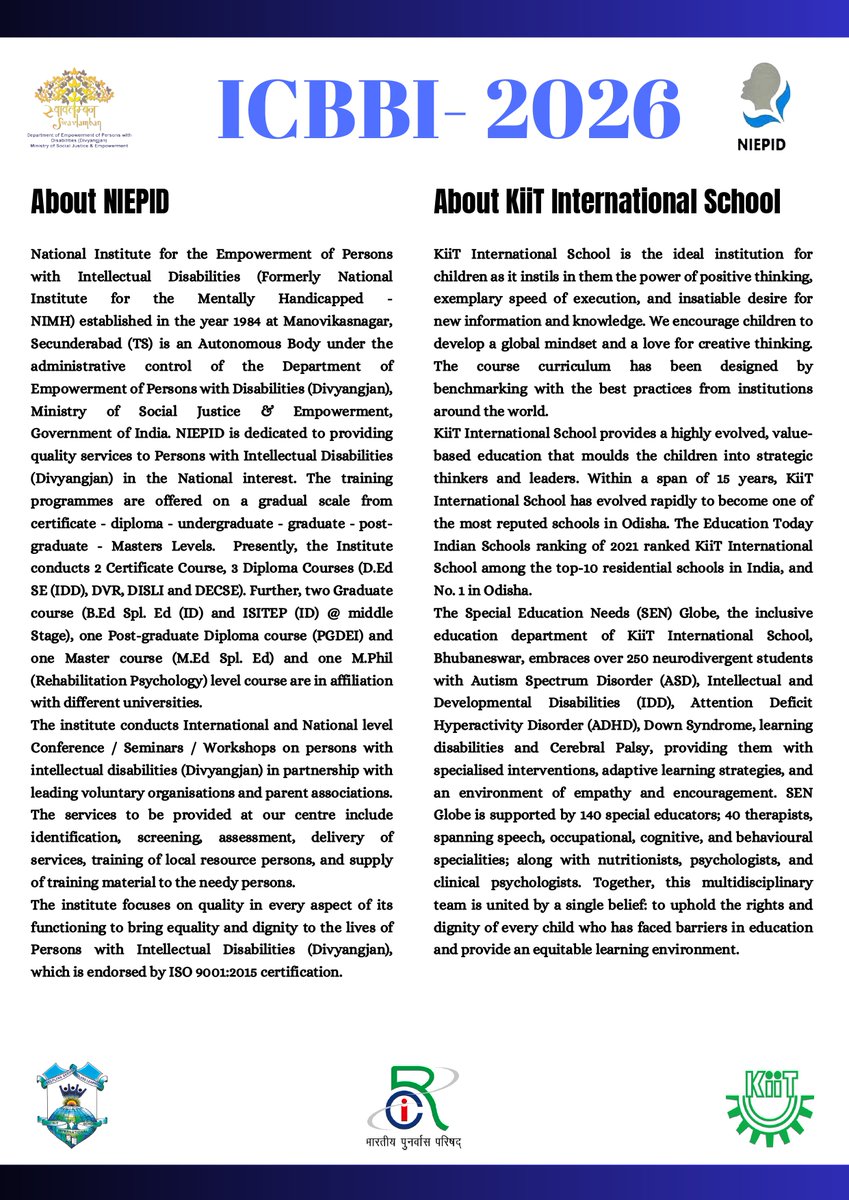 NIEPID's tweet photo. International Conference on Building Bridges for Inclusivity (#ICBBI2026)! 🤝

📍 Campus 6, KIIT University, Odisha &amp; Virtual 🗓️ May 2-3, 2026 🤝 Hosted by NIEPID, @KiiTIntlSchool &amp; @SussexUni
Join us to shape the future of global inclusivity! 🧵👇 https://t.co/Cxk4E5DtHU