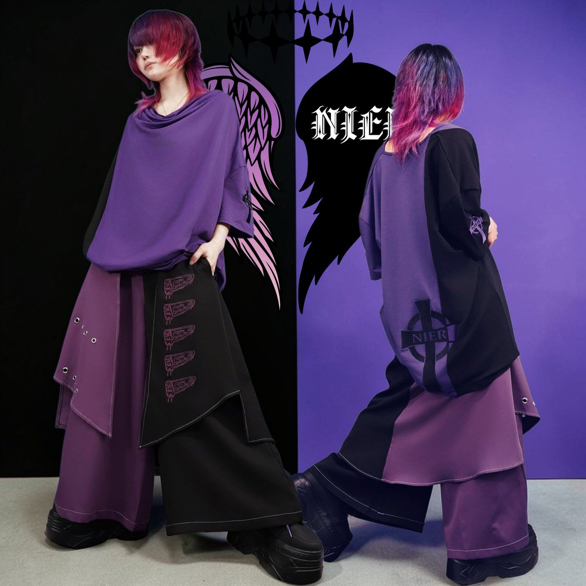 NieR_tokyo's tweet photo. 🖤新作商品案内💜

MEN'Sフラップ付き
TWO-TONE WIDE PANTS【PURPLE CLIP】

大胆な切替×重なりフラップが目を惹く、存在感抜群のワイドパンツ。

ワイド設計＋後ろゴム仕様で、
ストレスフリーな履き心地も◎

一枚でキマる主役級ボトム、
ぜひチェックしてみてください🐰🦇
https://t.co/RfeRXn1apX https://t.co/US8YKYLnQV