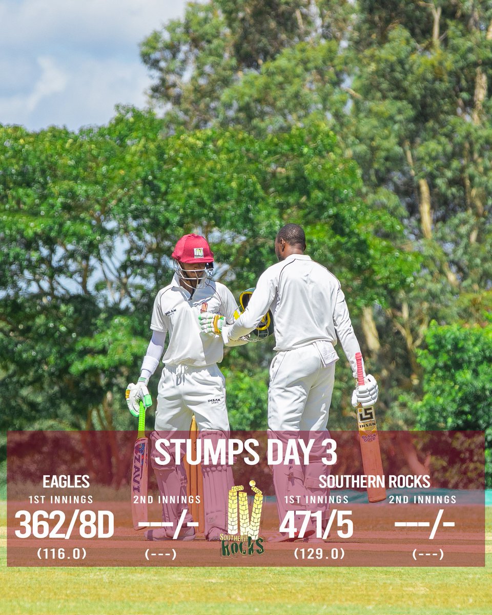 rocks_sout55003's tweet photo. Day 3 Stumps (catching up!) 🏏
Rocks 471/5 – lead by 109 runs.
Centuries from Matthew Campbell (106) & Innocent Kaia (100)! 💪
Day 4 loading... let's finish strong! 🔥
📸 @ZimCricketv
@Eagles @ESPNcricinfo
#OurRocks #LoganCup #LivingThePassion https://t.co/qE7xGSttsr