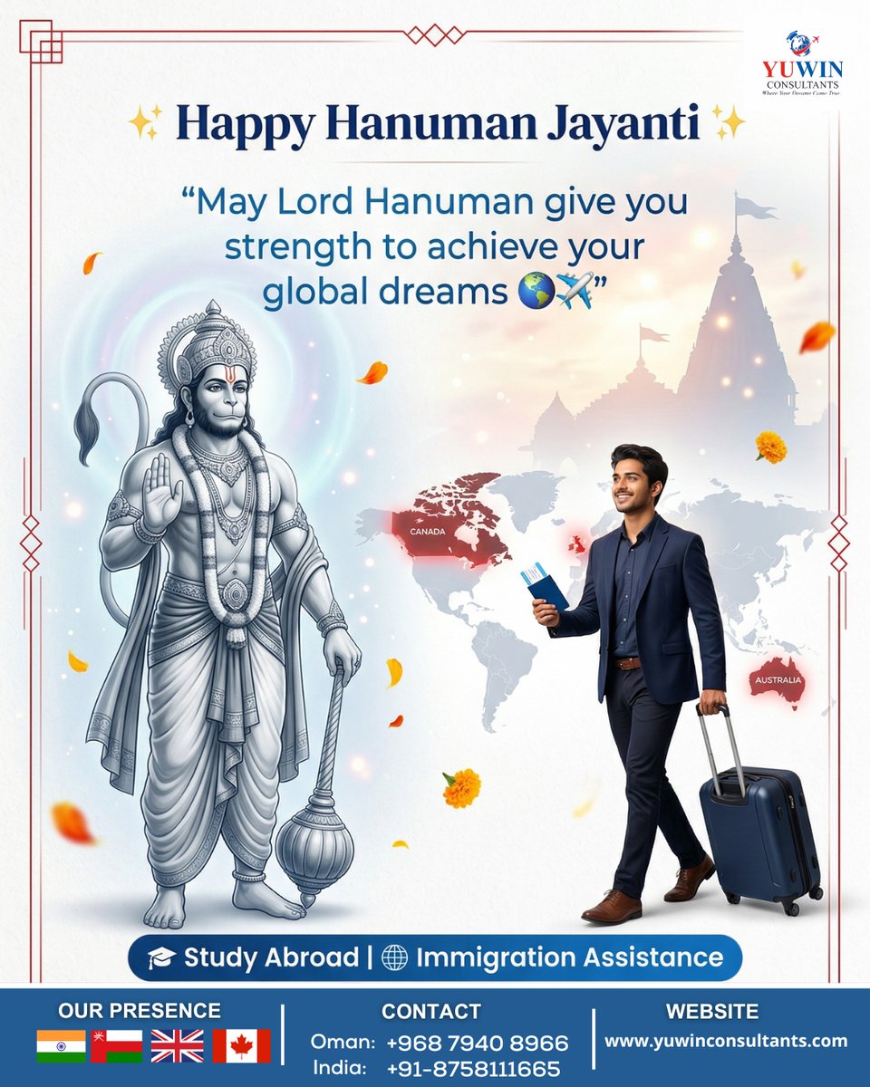 YuwinConsultant's tweet photo. ✨ May Lord Hanuman bless you with strength to achieve your global dreams 🌍✈️
At Yuwin Consultants, we’re here to guide you every step of the way—from aspirations to achievements 💼🌏

🚀 Start your global journey with confidence today!
#HanumanJayanti #StudyAbroad https://t.co/18lwR1ZfMV