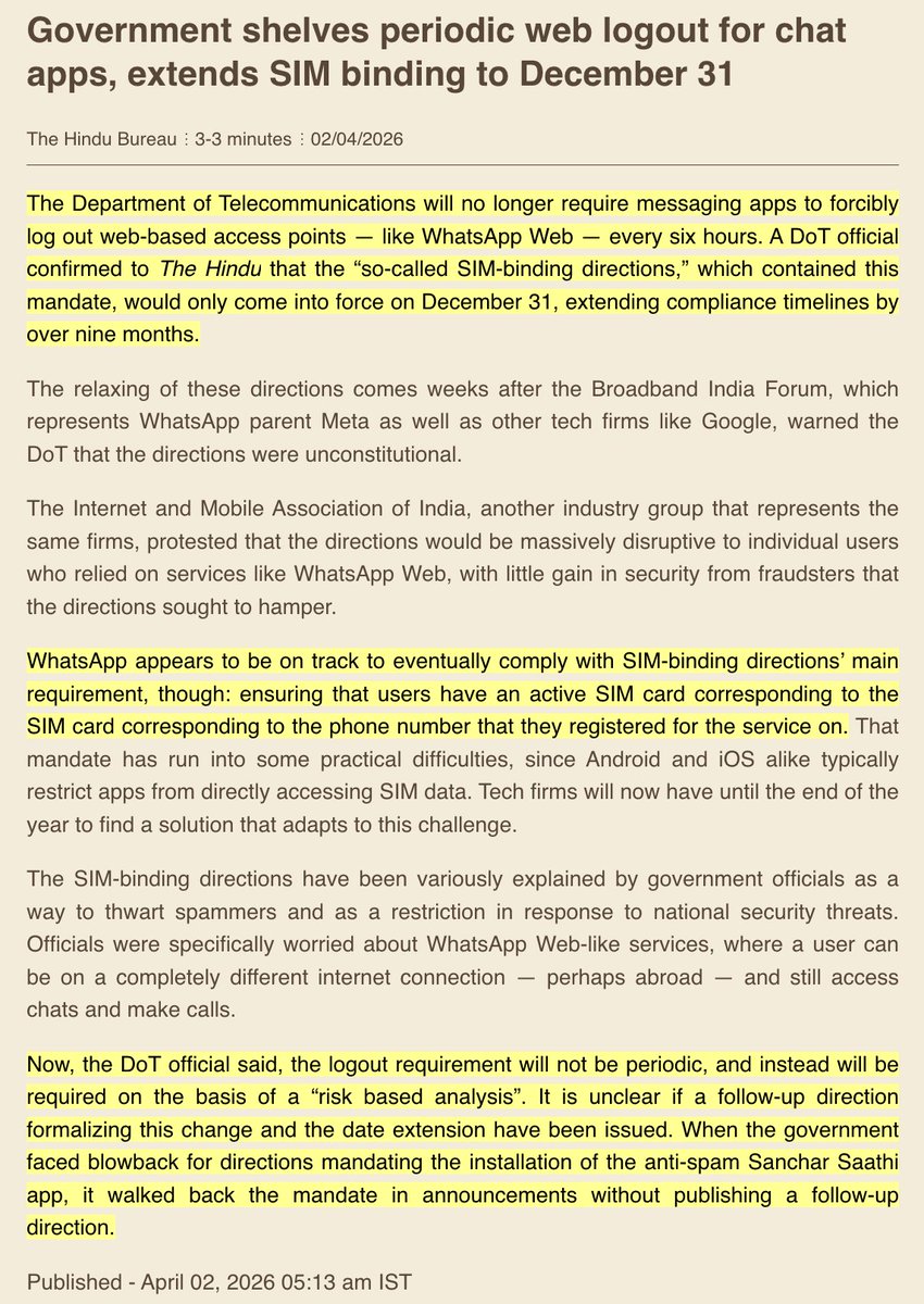 As reported by The Economic Times and the Hindu today, the Government is not planning to enforce the SIM-binding rules as originally stated. The forced 6 hour logouts from WhatsApp Desktop has been dropped. 

Sim Binding Directions were made unilaterally and without any