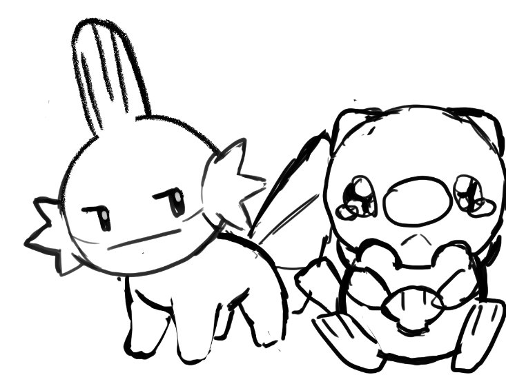 Felt like i forgot how to draw. So heres a mudkip side eyeing an oshawott i drew out of frustration