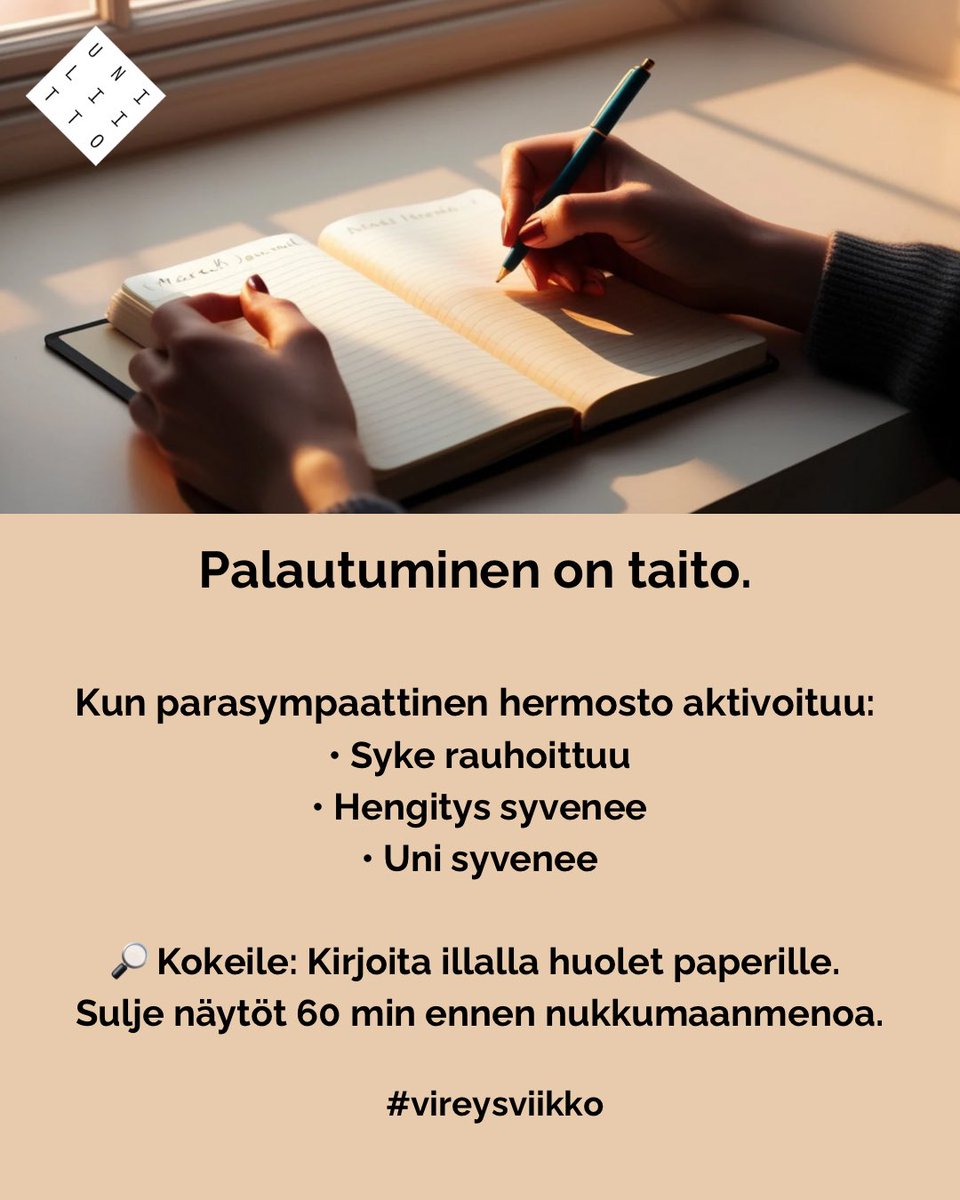 uniliitto's tweet photo. Stressi voi pilata unen, vaikka nukut riittävästi
“Mutta minä nukun 8 tuntia – miksi olen silti väsynyt?”
Koska palautuminen ei riipu vain unen määrästä.
Jos hermosto käy ylikierroksilla, keho on yön aikana lievässä hälytystilassa. #vireysviikko https://t.co/n94r8j7x7M https://t.co/fojkME66EO