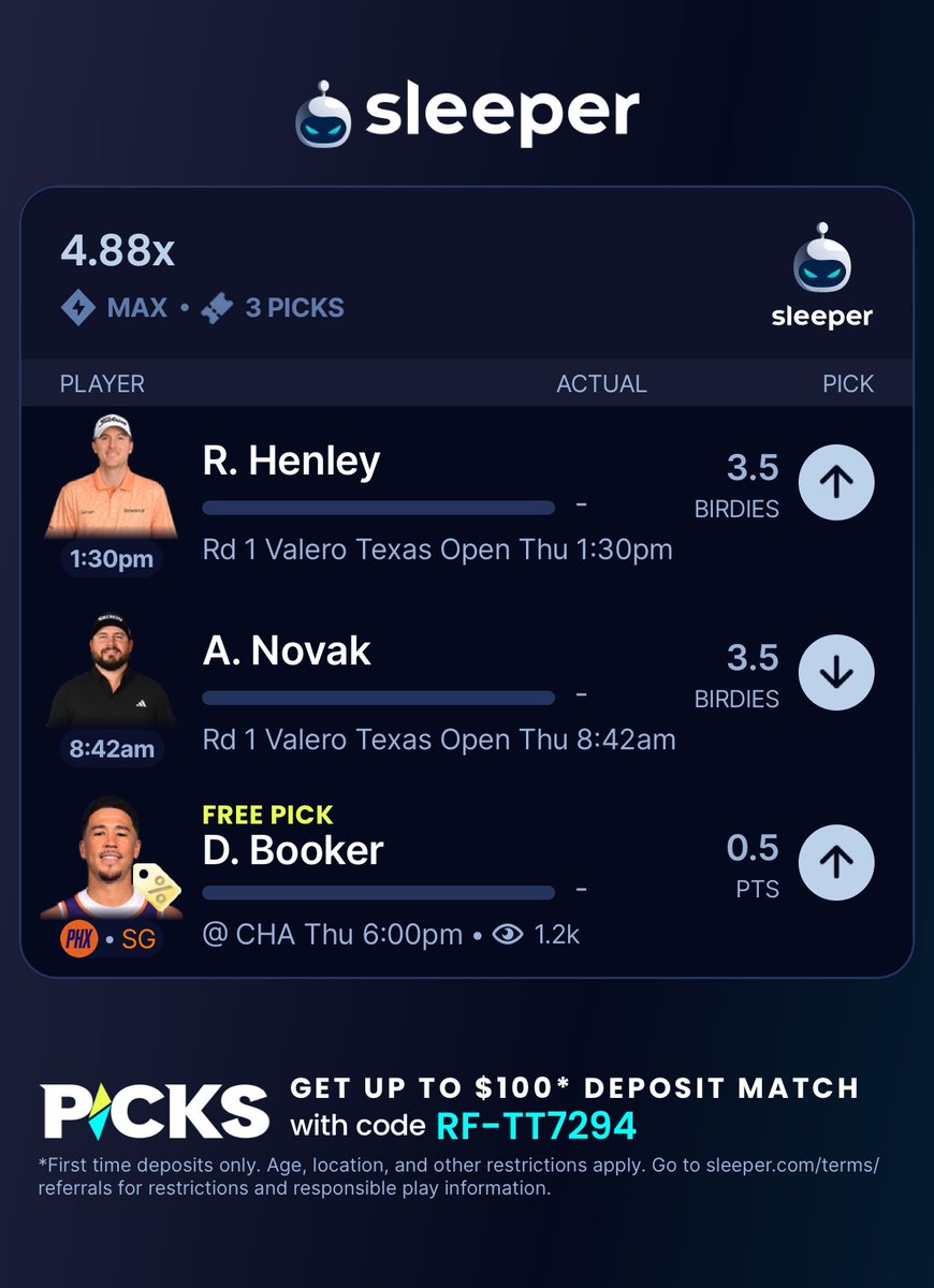 betting_golfer's tweet image. Here’s what I’m running for the DBook free square! Let’s ride 🏄‍♂️ #Sleeper #Pga #Nba #Gamblingx