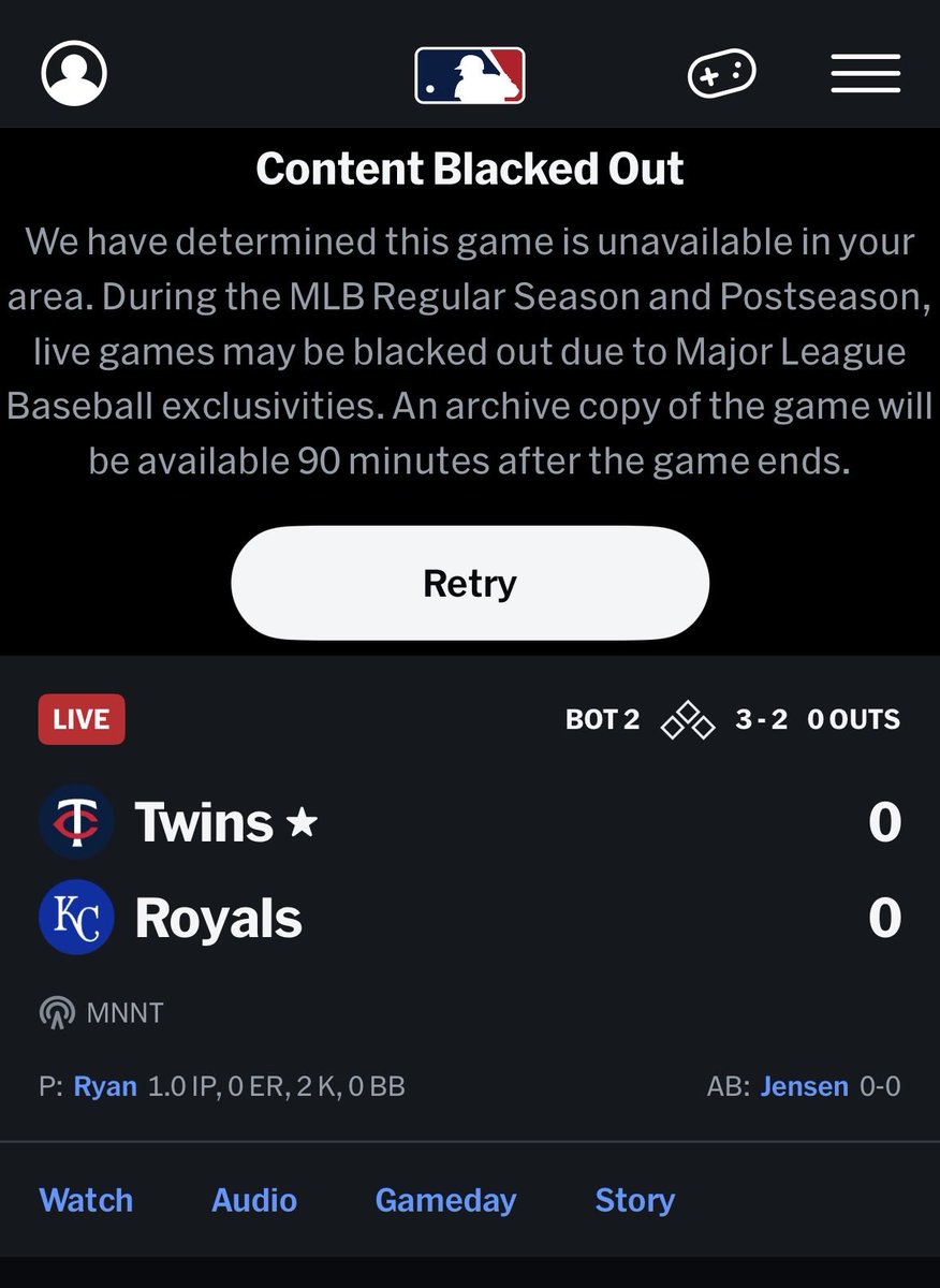 JesseJ_44's tweet photo. @MLB I subscribe to MLB TV, and live 4 hours away from Minneapolis and Kansas City. Why the HECK can I not watch this game?!! Please fix this problem!! https://t.co/njYeUWpuLP