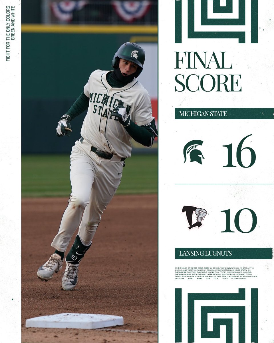 MSUBaseball's tweet photo. Final score from the 2026 Crosstown Showdown at Jackson Field:
Michigan State 16, @LansingLugnuts 10
Randy Seymour smacks a HR to lead the Spartans to the win, their 2nd in a row in the Crosstown Showdown!
#VictoryForMSU | #CTSD https://t.co/pWFIjqbAUR