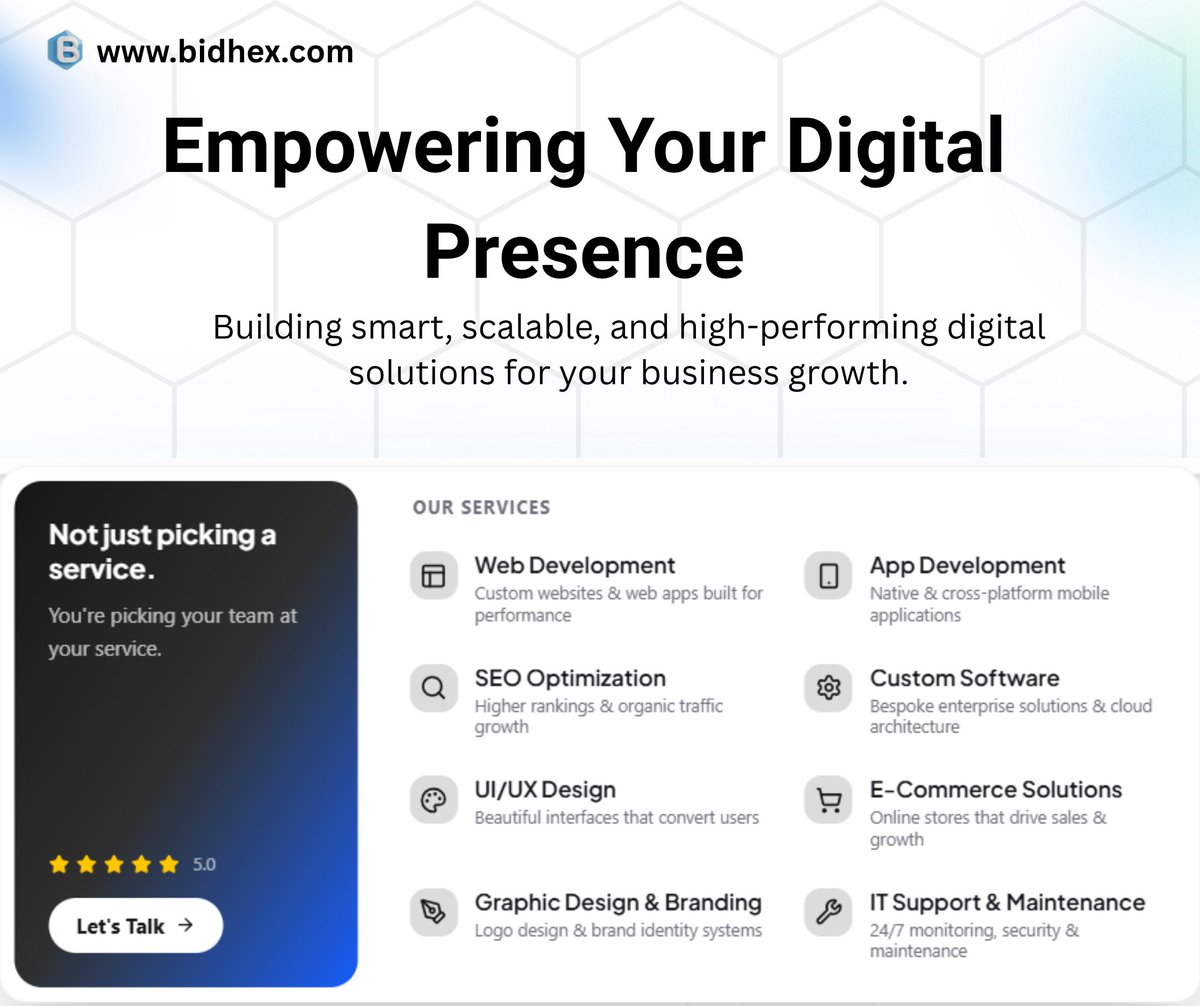 bid_hex's tweet photo. Empowering your business with smart, scalable, and high-performing digital solutions. From web and app development to SEO and branding, we help you build a strong and impactful online presence.
🌐 https://t.co/MHPPBxkJ5p⁠�
#DigitalSolutions #WebDevelopment #TechNepal #Bidhex 🚀 https://t.co/wS9WOvrxSP